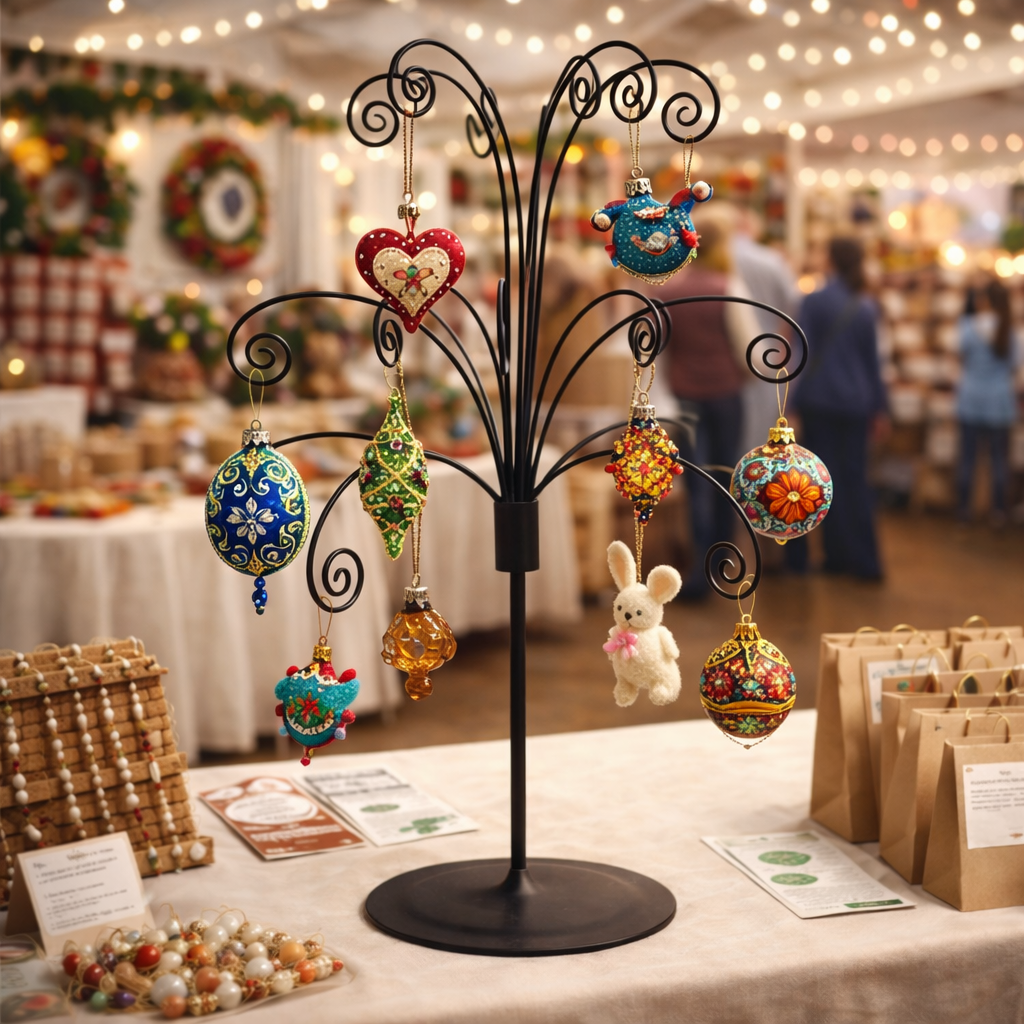 HOHIYA 20 Inch Tabletop Ornament Display Tree Metal Christmas Tree Stand for Desk & Mantel Small Jewelry Tower with Hooks Perfect Holiday Gift Black